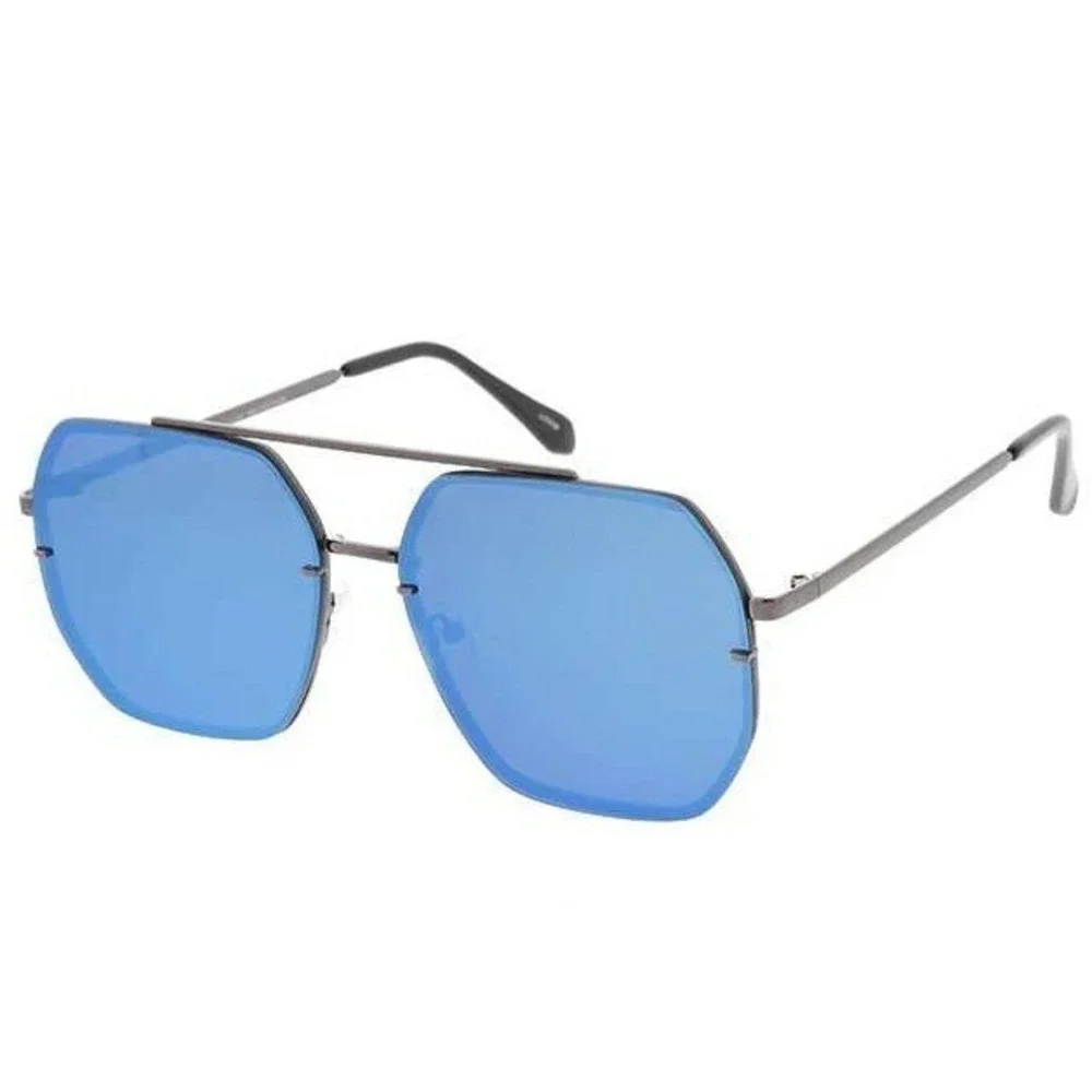 Blue Mirror Flat Lens Sunglasses Gold Frame UV400‎ Protection Men Shades Gafas